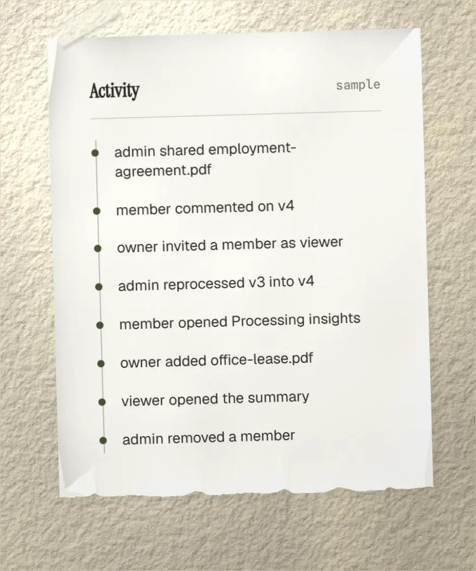 A slip of paper listing the last three things that happened in a workspace